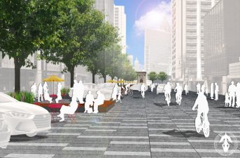 A rendering of a redesigned Peachtree Street that gives pedestrians free roam. Image:  Atlanta City Studio