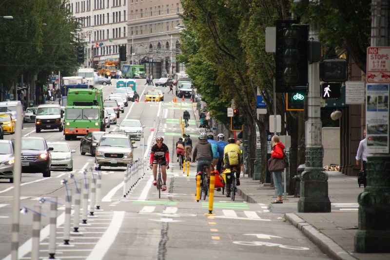 A protected bike lane in Seattle