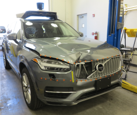 A post-crash photo of the self driving Uber car that killed a Tempe pedestrian. Photo:  NTSB