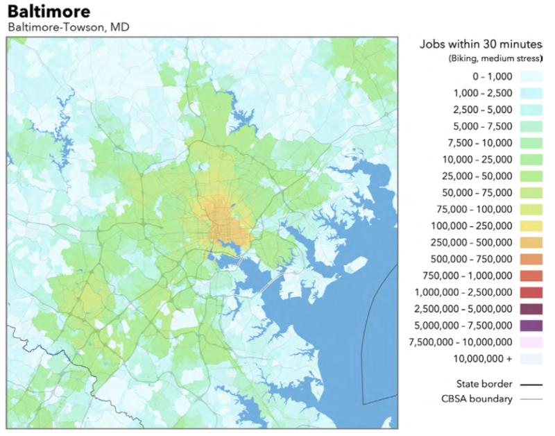 Accessibility to jobs in Baltimore by bike facilities. Map: University of Minnesota Accessibility Observatory