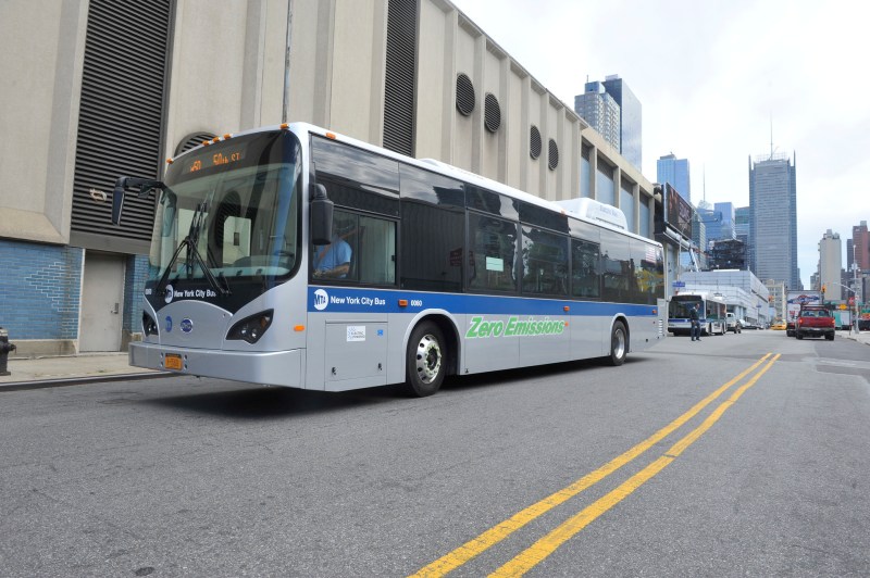 Electric buses like these are being deployed in pilot programs around the country, although some models have had a limited range because of the strength of their batteries. Image: MTA