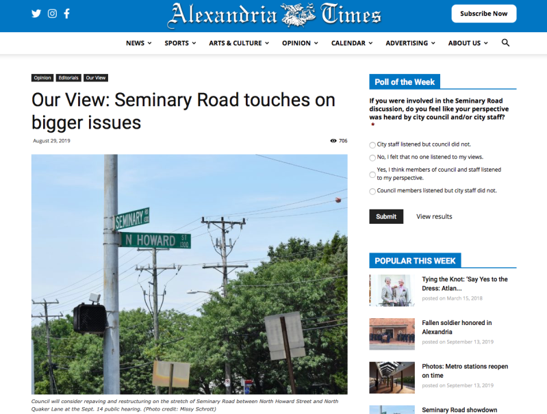 The Alexandria Times, tackling bike lanes on Seminary Road. Image: Alextimes.com