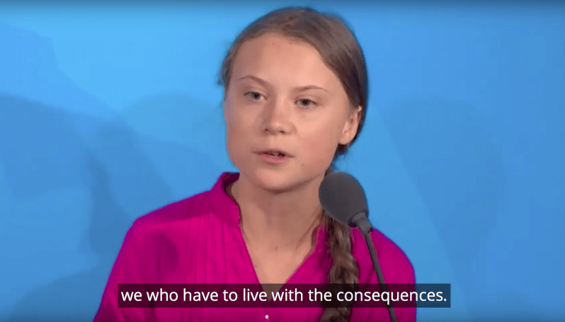 Greta Thunberg delivers a speech to the United Nations General Assembly during its 2019 Climate Change conference.