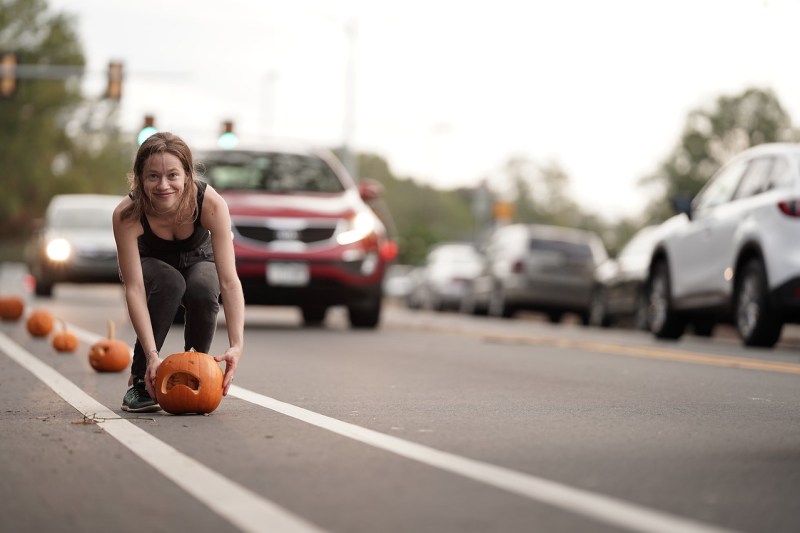 Volunteers with Bike Durham protected a vital bike lane with pumpkins for Halloween on Thursday. Photo: Shaun King/Visual Rituals