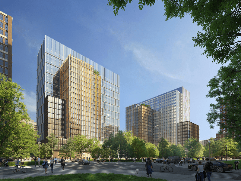 A rendering of Amazon's HQ2 in Arlington, Virginia — parking not shown.