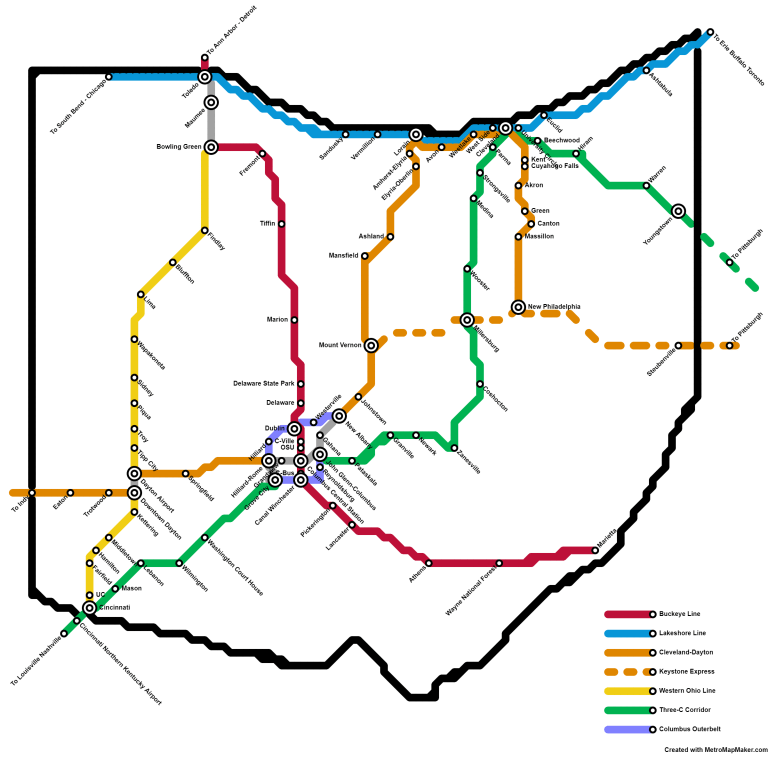 Transit activist posted a map of a rail network that crisscrosses Ohio last month, spurring conversation in the Buckeye State about its future. Image: Kevin Verhoff