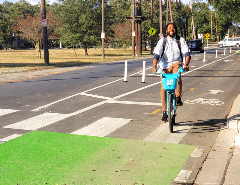 Bike Easy celebrates a tactical urbanism "small win" — a protected bike lane on Marconi Drive in New Orleans. Photo: Bike Easy