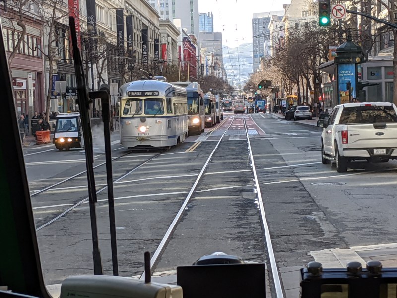 Market Street as seen today from a streetcar. Next week, private cars will be banned. Photo: Streetsblog/Rudick
