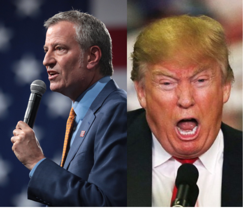NYC Mayor Bill De Blasio is slamming Trump for a crime he's rarely accused of: staying silent. DeBlasio Image Source: Creative Commons. Trump image source: Img Flip.