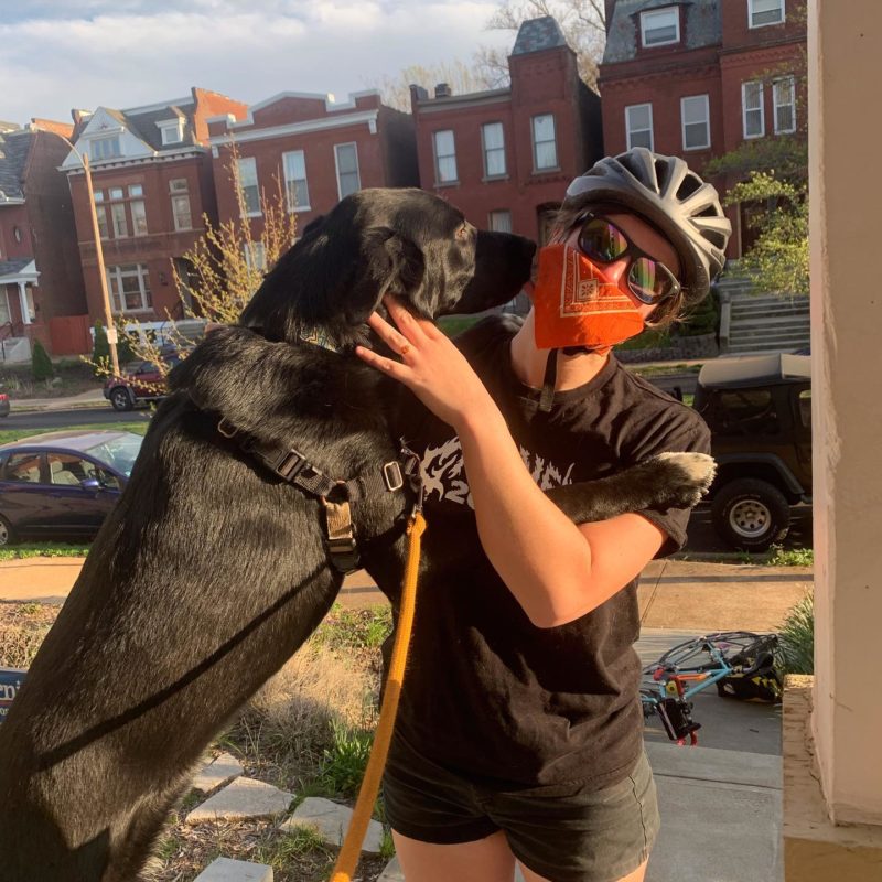 Streetsblog USA senior editor is welcomed home by her dog, Zozobra, after a socially-distanced bike ride to the grocery store.