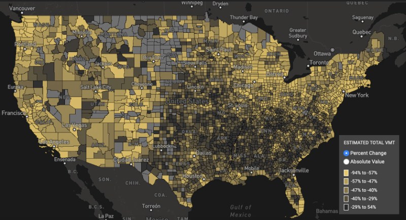 The map represents the decrease in vehicle miles traveled, comparing March 27 to a similar day two months earlier. Data: StreetLight