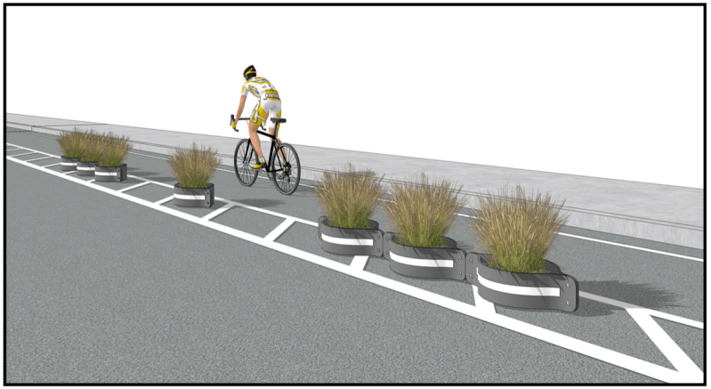 The WeClaim lane delineator. Image description: A man bikes in a protected bike lane, shielded from car traffic by a series of recycled car tires that have been sculpted into planters for tall grasses and outfitted with reflective tape. Source: Spin