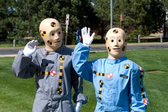Crash test dummies usually stand in for drivers and car passengers during safety trials — and are rarely used to test how safe vehicles are for pedestrians *outside* cars. Could a new audit help change that? Source:  Peterson Airforce Base via Creative Commons.