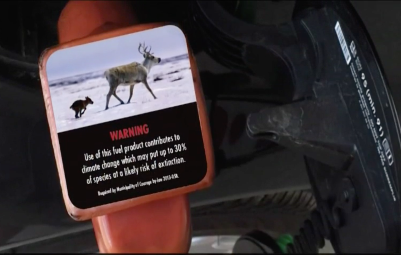 A warning label like this will soon be on gas pumps in Cambridge, Mass.