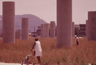 The concrete supports for Charleston's Interstate 77, a downtown highway, which were built on land that was formerly home to more than 240 predominantly Black families.  Image: Harry Schaefer via Wikimedia Commons