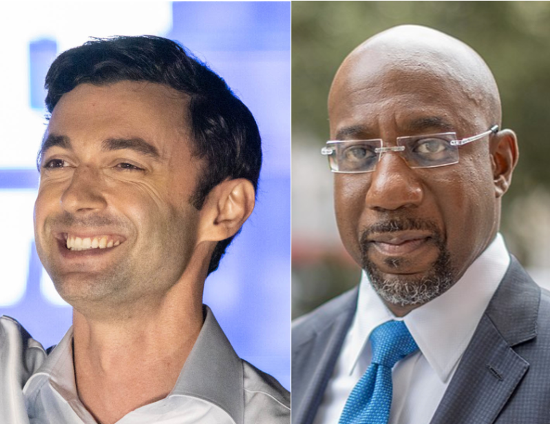 Jon Ossoff, left, via John Ramspott/Creative Commons.. Rev. Raphael Warnock, right, via Raphael Warnock/Creative Commons