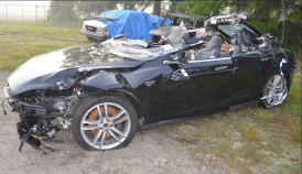 A Tesla Model S following a 2016 crash. Source: NTSB via Flickr