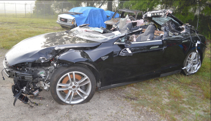 A Tesla Model S following a 2016 crash. Source: NTSB via Flickr