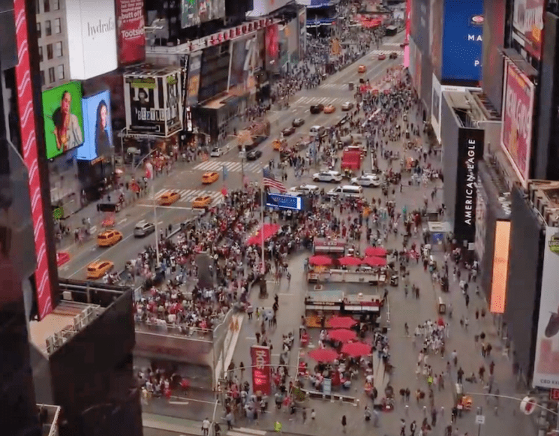 Times Square is the best example of turning car space into public space. You can still see the segments of Broadway, now filled with people, in this shot looking downtown from the north side of the Crossroads of the World.