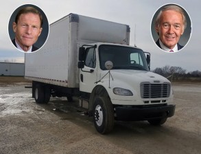 A major safety bill moving through the senate right now would mandate the installation of automatic emergency braking system on big rigs, but not on smaller box trucks like these — much less light trucks and cars. And Sens. Richard Blumenthal (left) and Ed Markey are upset. Image: Penske via CC