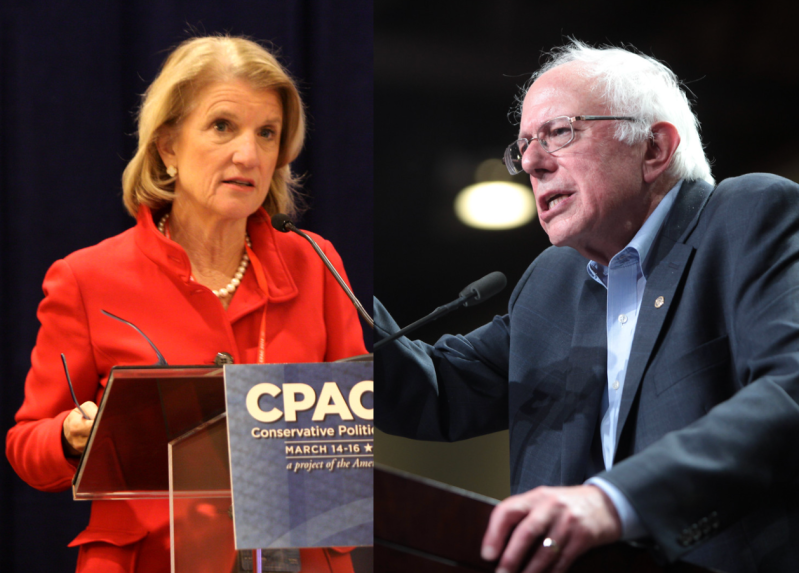 Senators Shelley Moore Capito (Left) and Bernie Sanders (Right) have opposite views on how the U.S. should pay for new transportation infrastructure — but they both might be missing the forest for the trees. Both images via Gage Skidmore, CC.