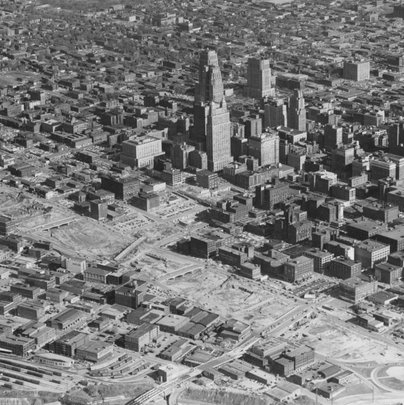 Kansas City, Mo. clears the way for a freeway, 1957. Source: Source: Missouri Valley Special Collections, Kansas City Public Library.