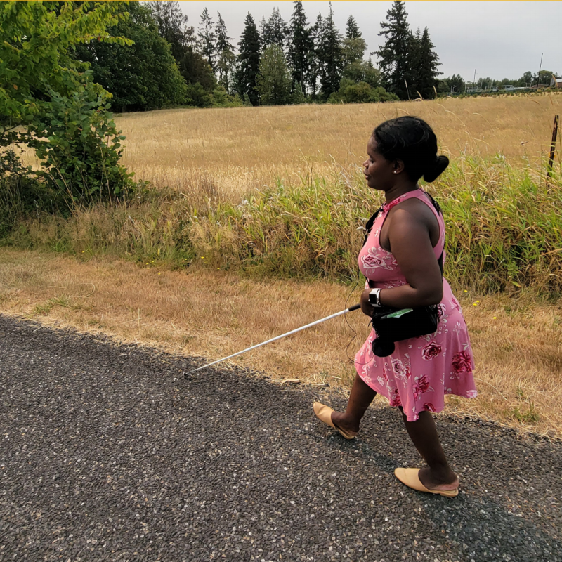 Image description: An African American woman wearing a pink sundress walks along a rural road using a white cane. Via Disability Mobility Initiative
*Note on Image Descriptions: The authors of the report from which these images are sourced asked their interviewees to describe themselves and anything they wanted
to include about their identities for the Image Descriptions. If they chose not to provide us a description,
the authors described what they saw in the image the interviewees shared for accessibility purposes.