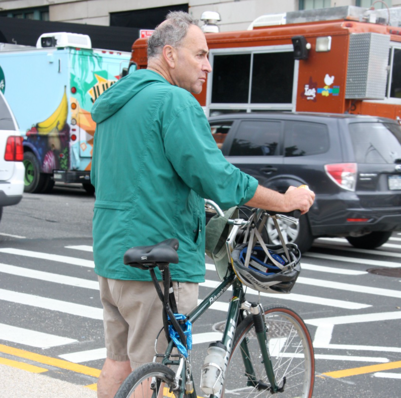 Sen. Chuck Schumer (D-N.Y. bikes in his city, but his budget reconciliation measure may not include anything for active modes. Image: Planet Gordon, CC