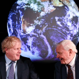 Britain's Prime Minister Boris Johnson with Sir David Attenborough talk to school children at the Science Museum for Launch of the UK hosting of the 26th UN Climate Change Conference (COP26).

Image:Number 10, CC