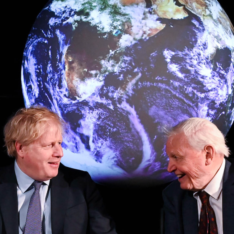 Britain's Prime Minister Boris Johnson with Sir David Attenborough talk to school children at the Science Museum for Launch of the UK hosting of the 26th UN Climate Change Conference (COP26).
Image:Number 10, CC