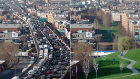 Twitter account @betterstreetsai visualizes what the Brooklyn Queens Expressway could look like if it were covered over removed and replaced with a lush park.