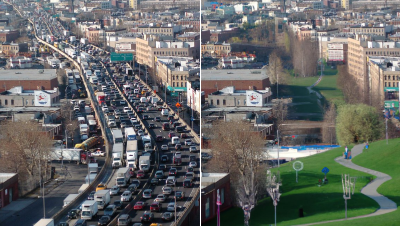 Twitter account @betterstreetsai visualizes what the Brooklyn Queens Expressway could look like if it were covered over removed and replaced with a lush park.